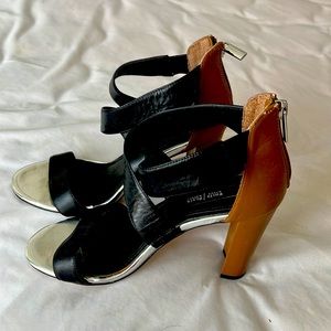 Summer heeled sandals. White House Black Market. Silver, black, and brown.